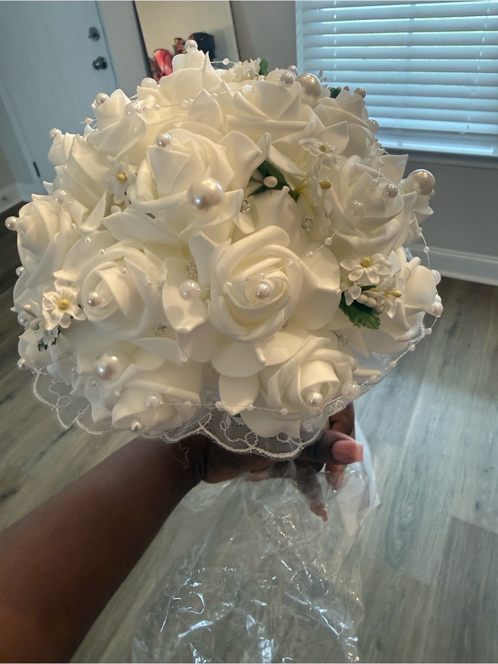 Classic White Faux Rose Bouquet with Pearl Accents